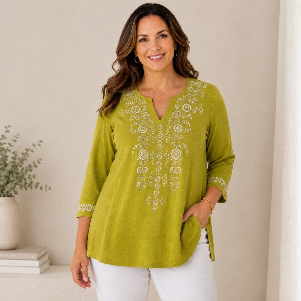 J. Jill Chartreuse Greenโ Embroidered Split Neck Tunic 3/4 Sleeve Cotton Blend L